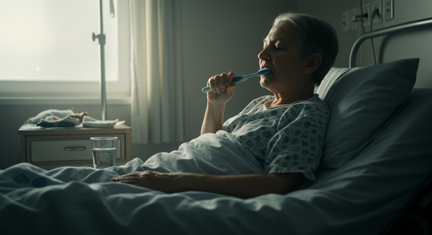 A hospital patient sitting up in bed brushing their teeth with a cup of water on the bedside table in soft morning light