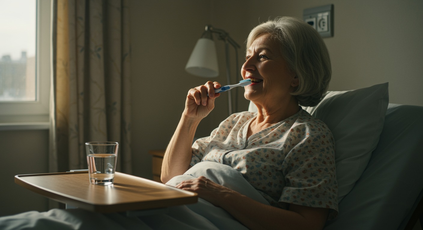 A cheerful older woman sitting up comfortably in a hospital bed, smiling and relaxed as she brushes her teeth, a glass of water on the bedside table, warm golden morning sunlight streaming through the window, inviting cozy tones, candid lifestyle photography