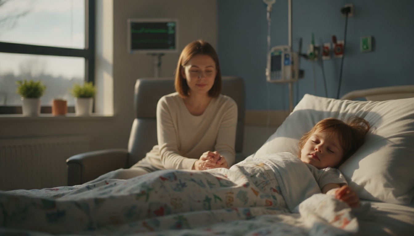 A young child resting under a blanket in a hospital bed while a parent sits close by in soft daylight