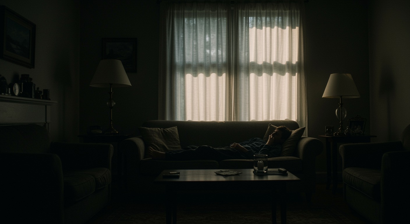 Person resting on a couch in a dim, quiet living room with soft afternoon light coming through closed curtains