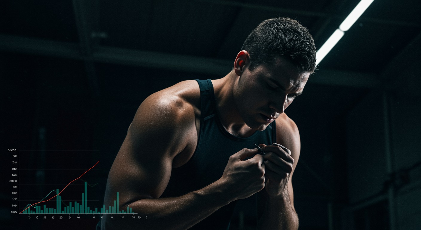 Photorealistic athlete showing fatigue and reduced performance after sleep loss, with performance metrics visualization, soft athletic lighting, no text