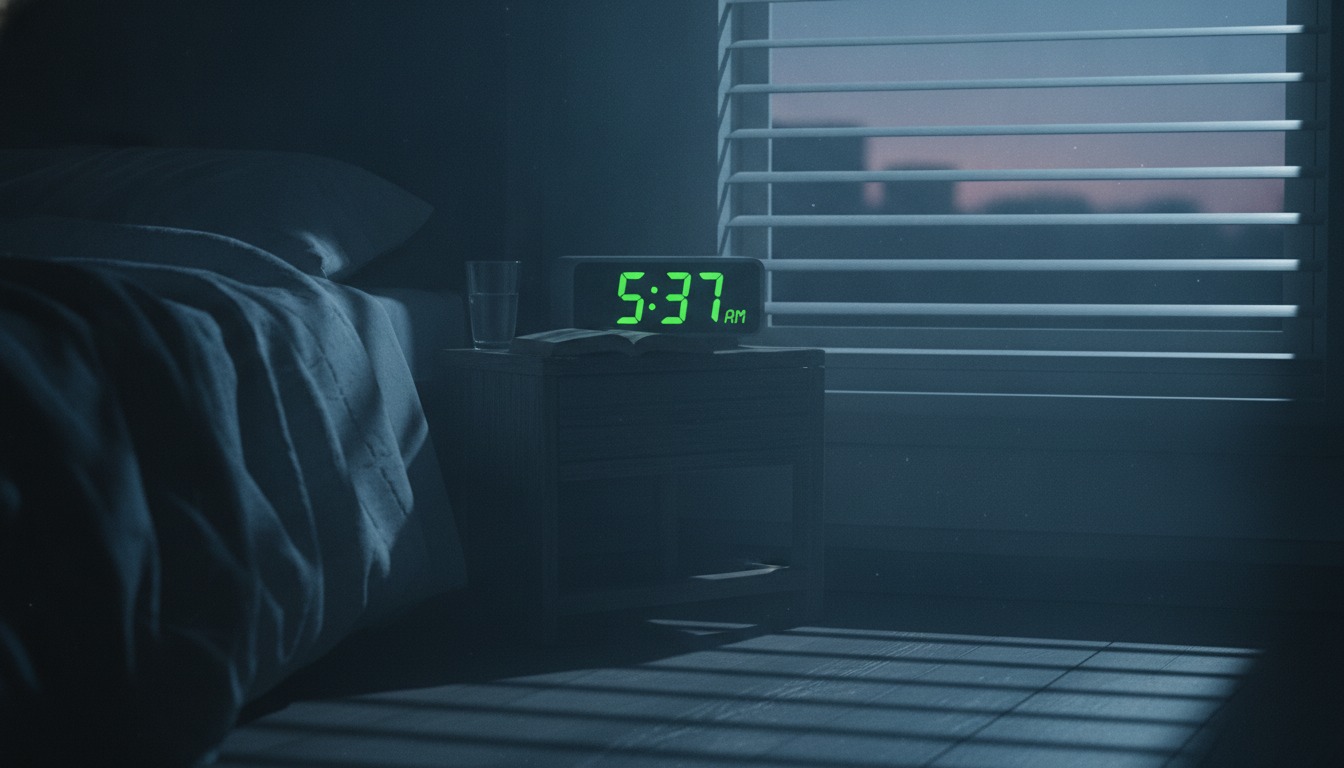 Alarm clock showing early morning time on a nightstand with cool pre-dawn light through blinds