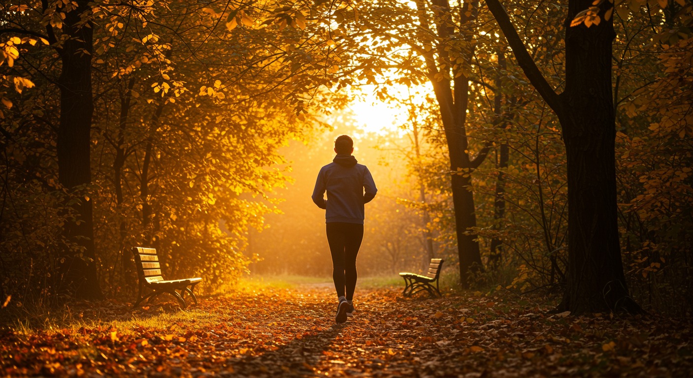 Energetic person jogging through a sunlit park trail with vibrant autumn leaves and warm light