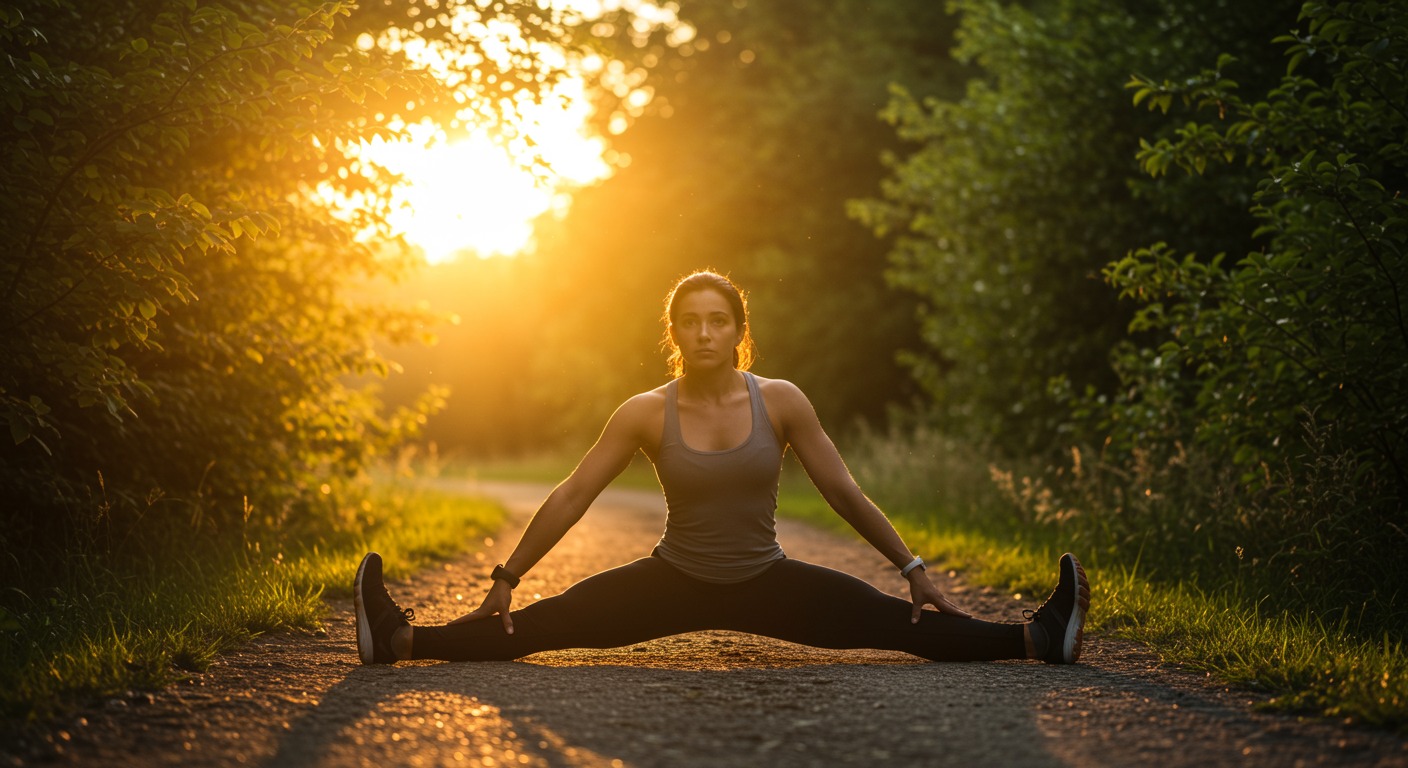 Athletic person stretching in a bright outdoor setting with warm sunrise light and green nature