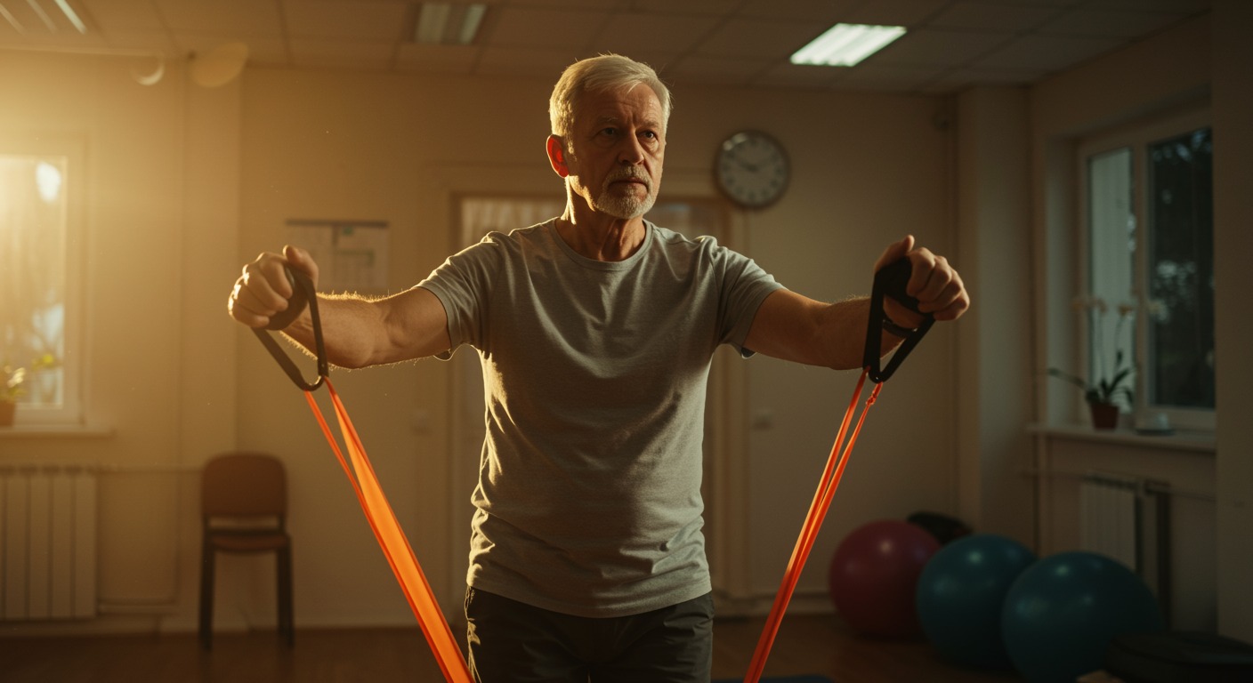 Active senior man performing gentle resistance band exercises in a bright physiotherapy clinic, showing determination and muscular engagement
