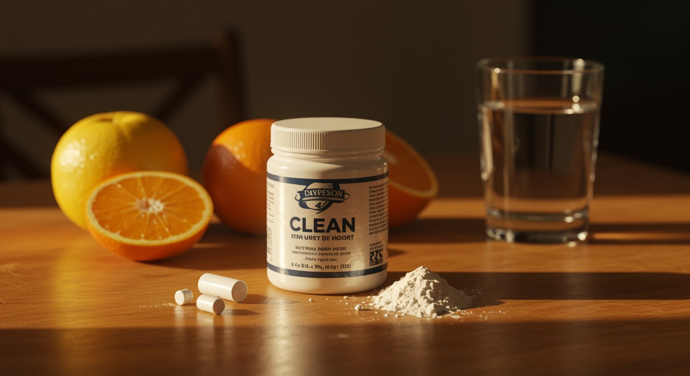 Clean white supplement powder on a warm sunlit wooden table with fresh fruits and a glass of water