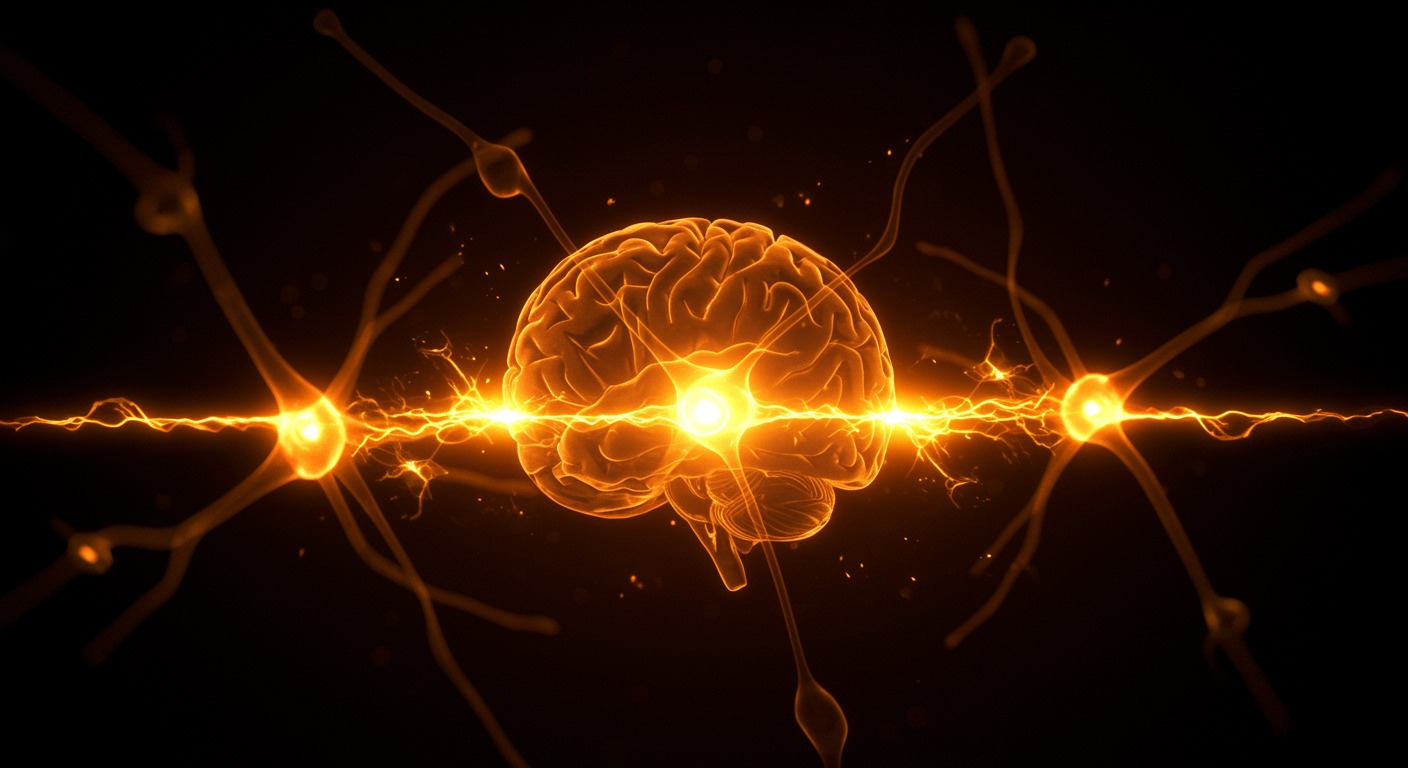 Colorful artistic rendering of brain neurons firing with bright golden energy pulses, representing enhanced neural connectivity and brain function