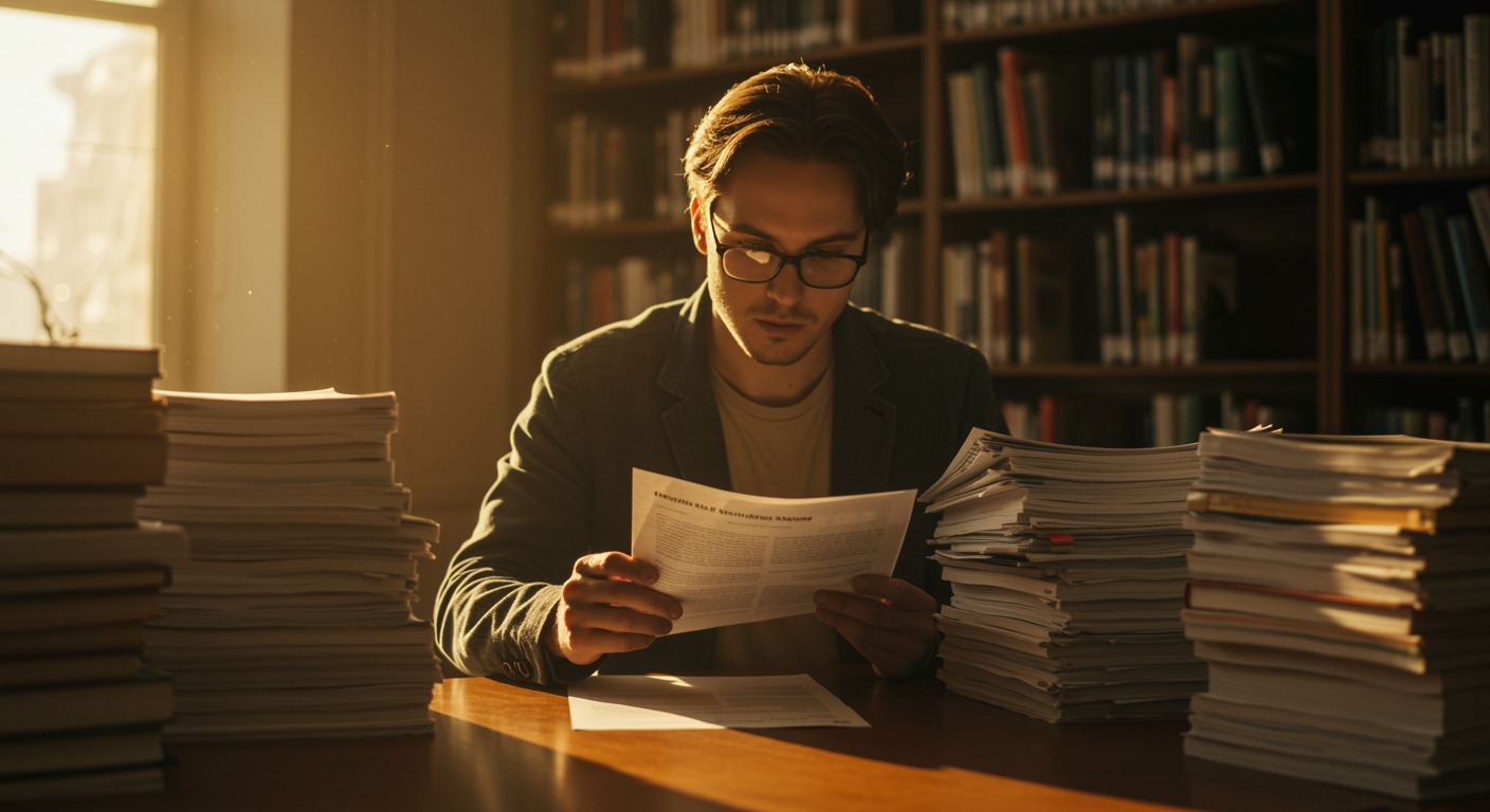 Researcher reviewing stacks of scientific papers and journal articles at a library desk, concept of systematic evidence review, warm academic setting with books