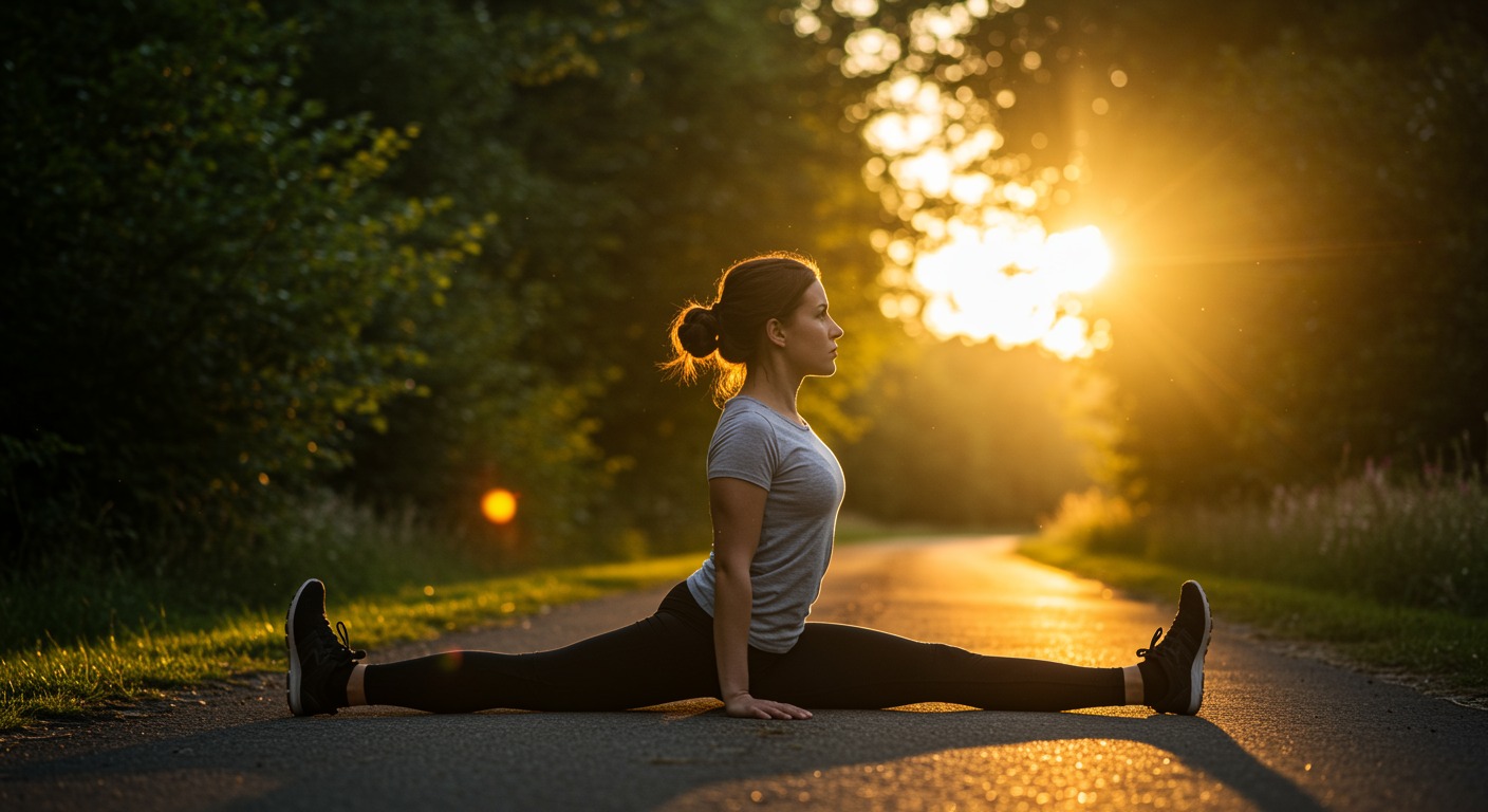Athletic person stretching in a bright outdoor setting with warm sunrise light and green nature
