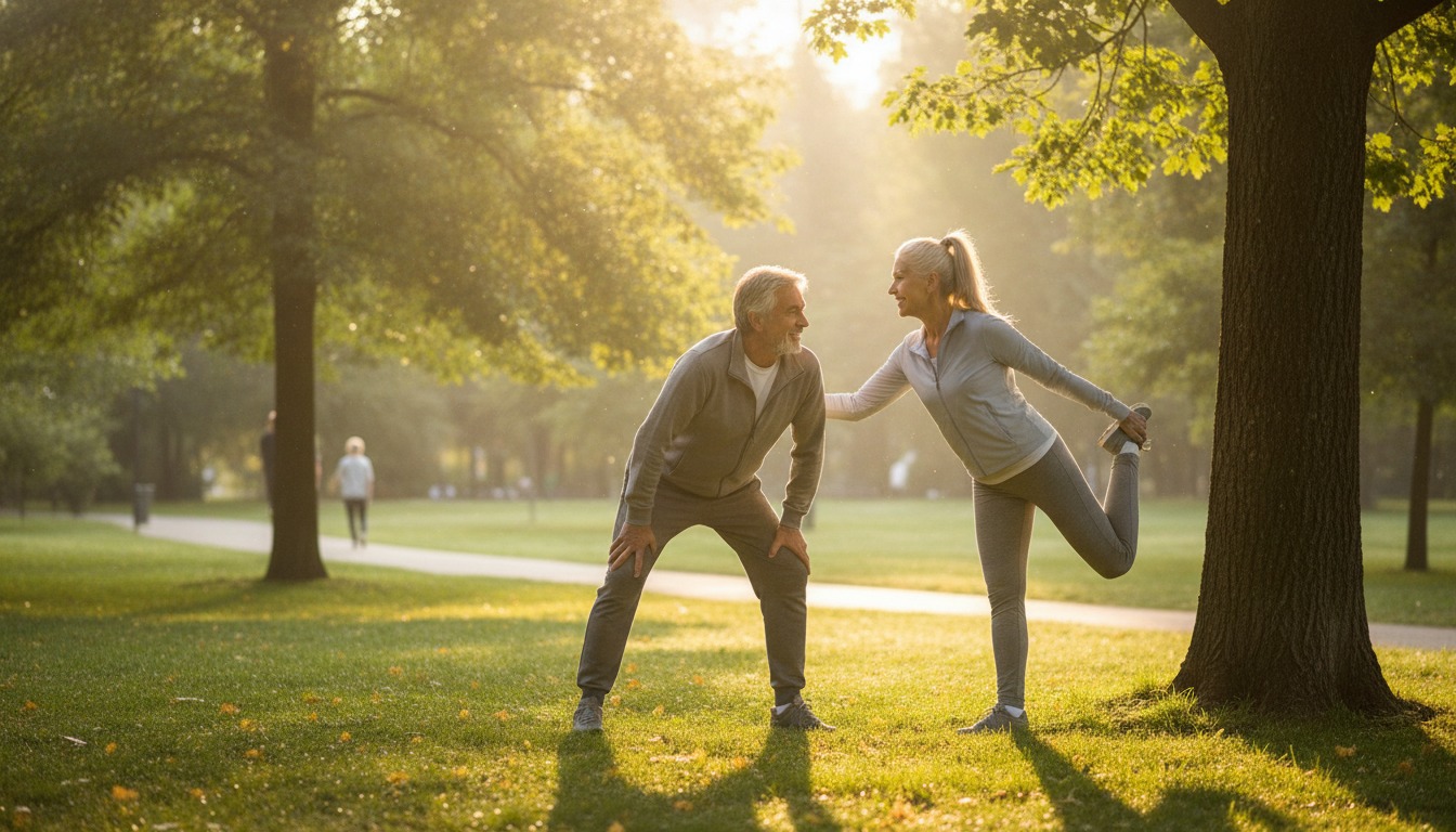 Older couple stretching together in a sunlit park with warm golden morning light and green trees