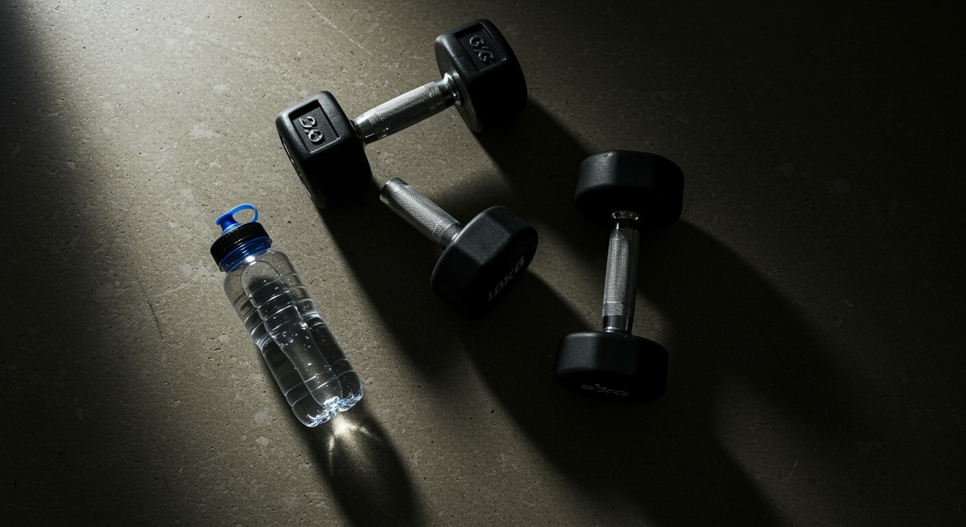 Overhead shot of gym equipment including dumbbells and a water bottle on a concrete floor with harsh directional light