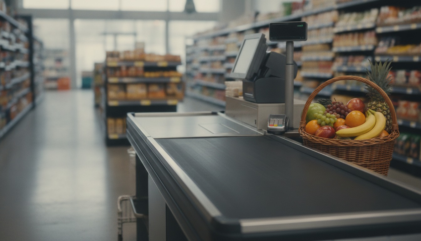 Empty grocery store checkout lane with a conveyor belt and a basket of fresh fruit beside the register in soft natural light