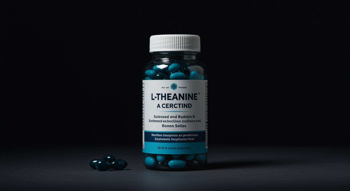 Photorealistic L-theanine supplement with extended clinical trial visualization showing sustained stress reduction and cognitive enhancement, soft long-term benefits lighting, no text