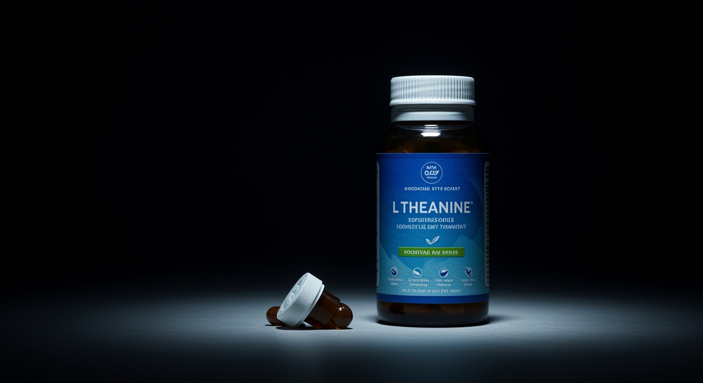 Photorealistic L-theanine supplement with stress reduction and cognitive enhancement visualization, showing calm focus and improved mental performance, soft calming lighting, no text