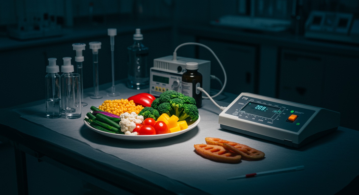 Healthy low-carbohydrate meal with vegetables, protein, and pH monitoring equipment on a medical research table