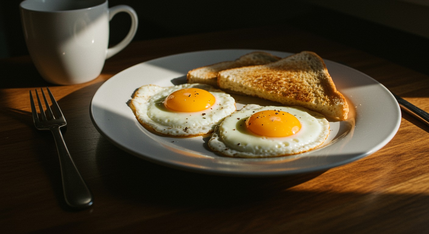 Breakfast plate with eggs and toast in sunlight