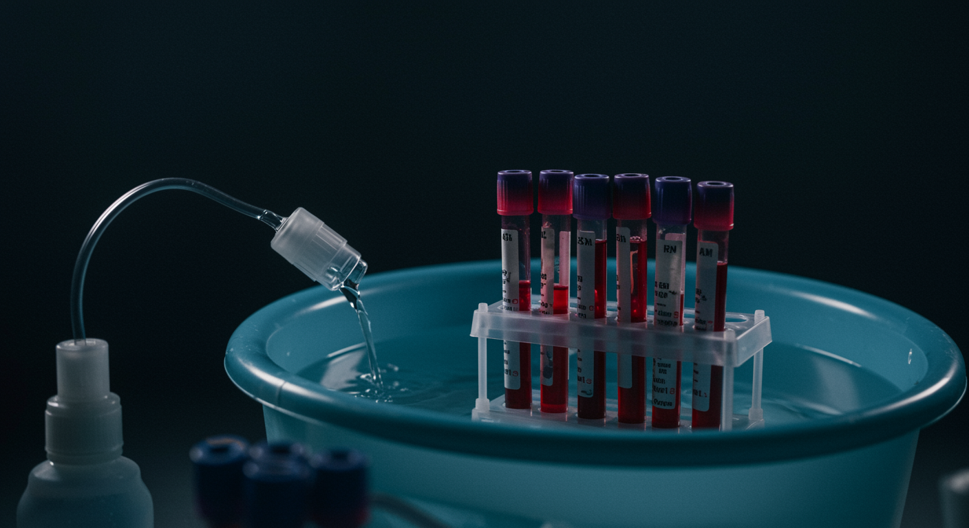 Medical blood test tubes with cold water therapy pool in clinical setting