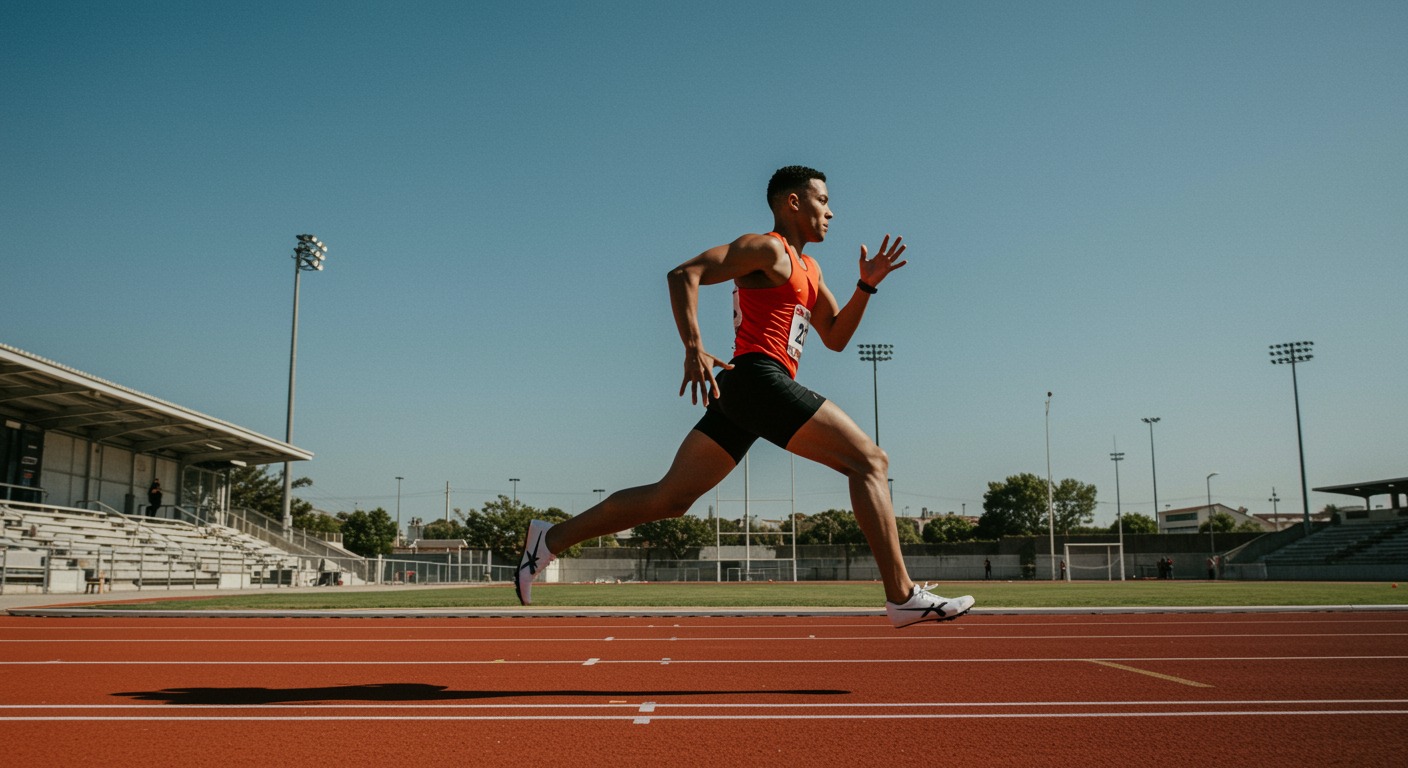 Athlete sprinting on warm sunlit track