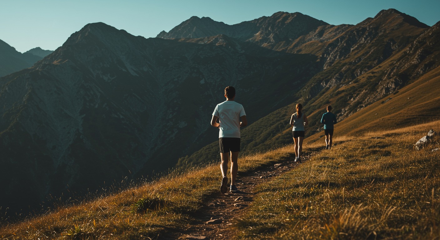 Runners training on a sunny mountain trail
