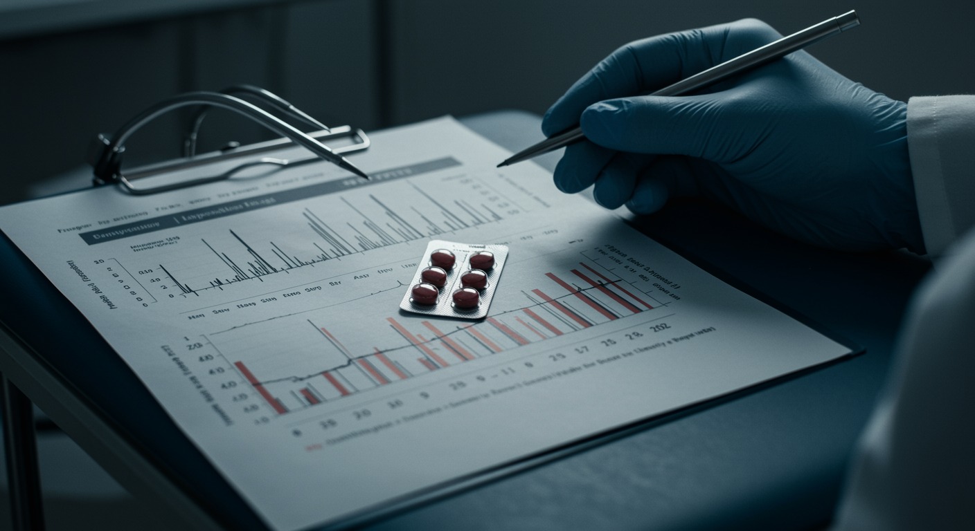 Medical research showing pantoprazole medication with kidney function charts and clinical trial data analysis on nephrology examination table