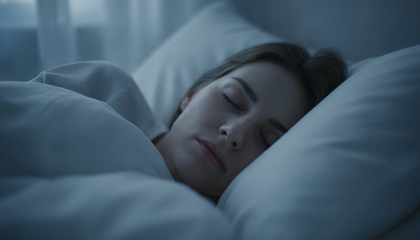 Close-up of a peaceful sleeping face on white pillows with soft moonlight blue tones through curtains