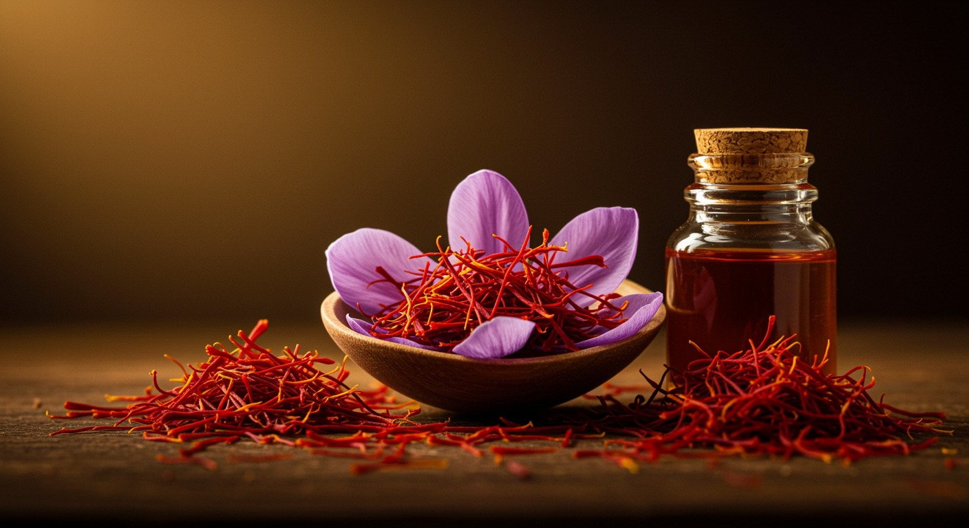 Photorealistic saffron spice and extract with sleep quality improvement visualization, showing natural sleep enhancement, soft golden lighting, no text