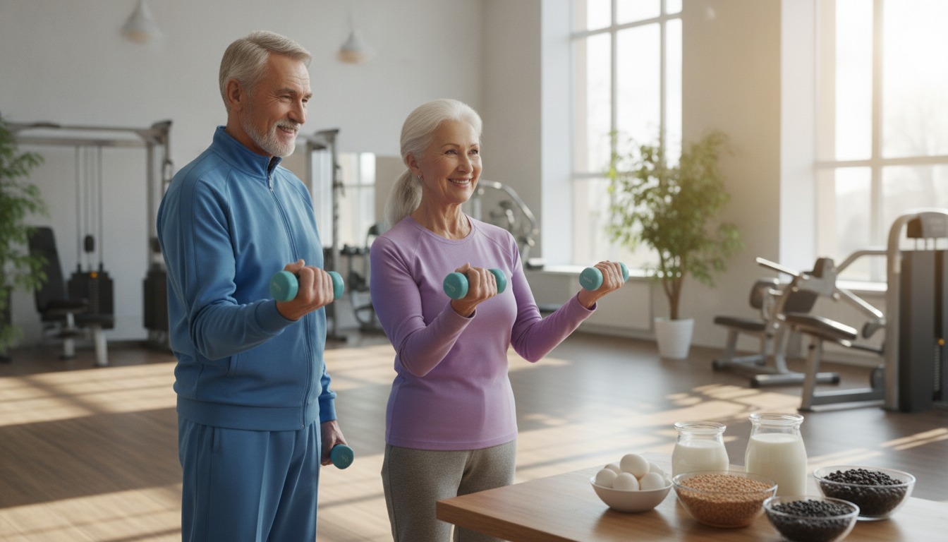 Older man and woman lifting light dumbbells in a bright gym next to a table with eggs, yogurt, lentils, and beans