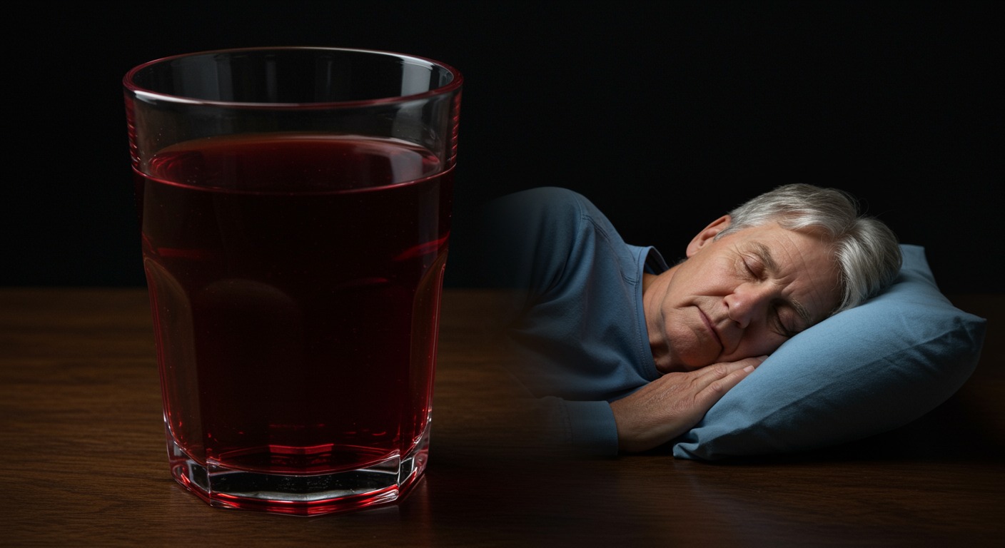 Photorealistic glass of tart cherry juice with sleeping older adult, showing natural melatonin effects and improved sleep quality, soft nutritional lighting, no text