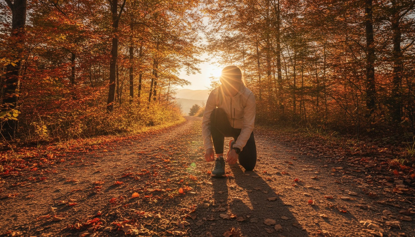 Person lacing up running shoes on a sunlit trail at golden hour with warm light and autumn leaves