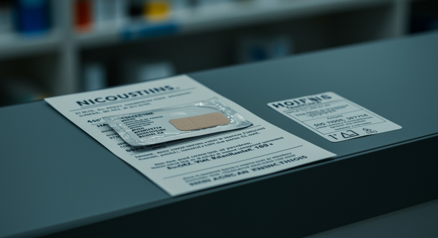 Nicotine patch package and medical consultation pamphlet on a pharmacy counter