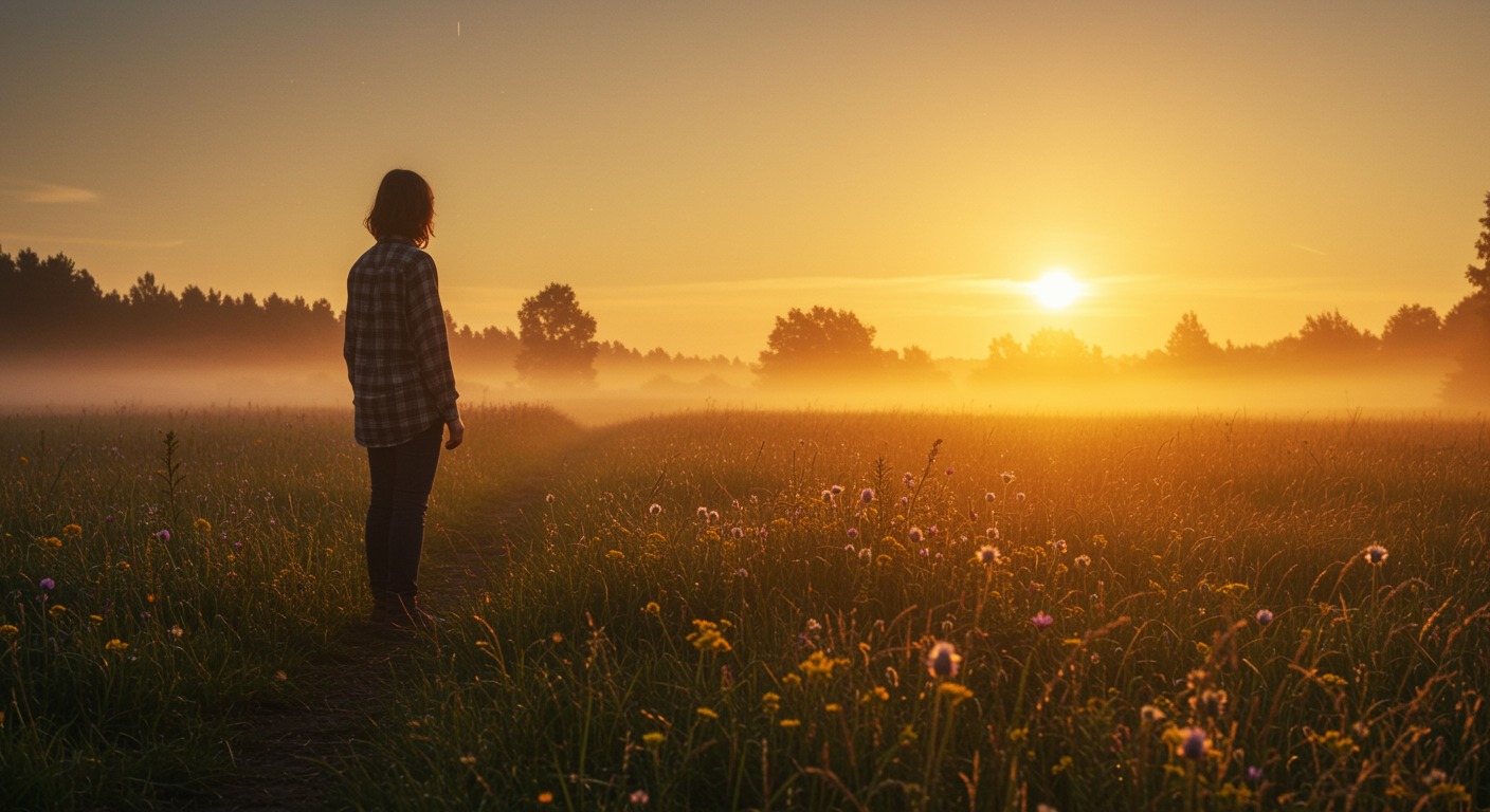 Hopeful person standing at the edge of a meadow watching a warm golden sunrise with wildflowers