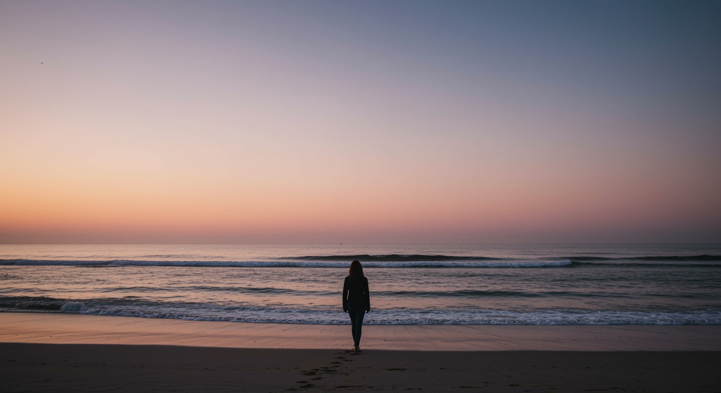 Peaceful person walking alone on a quiet beach at dawn with muted pastel sky and calm waves