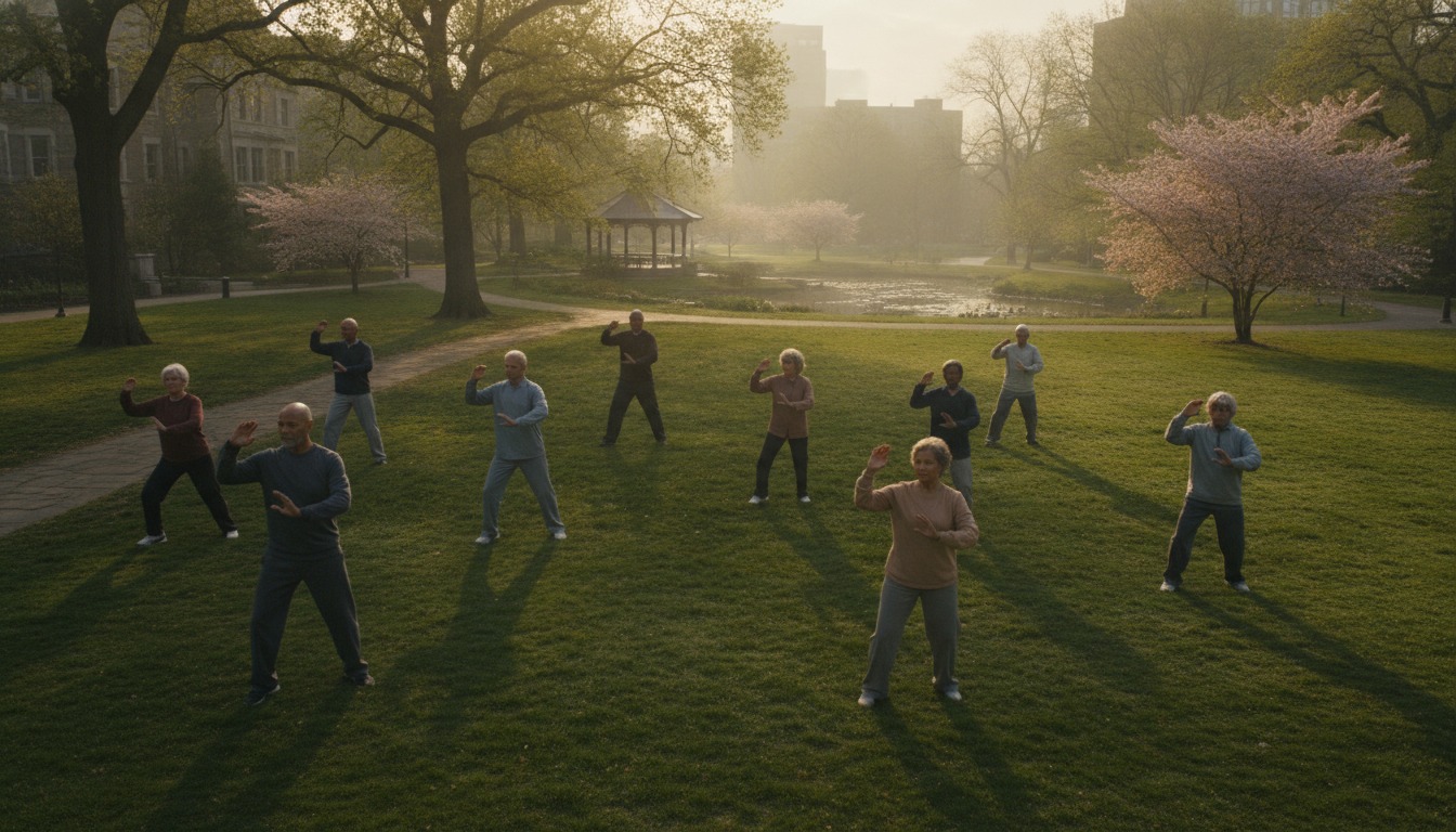 Older adults practicing slow flowing tai chi movements in a sunlit park at morning