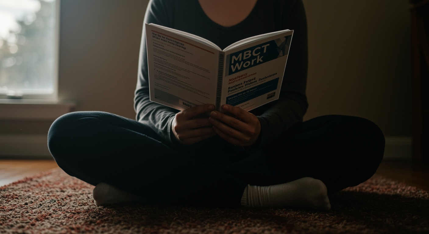 Person practicing mindfulness meditation with MBCT workbook and relapse prevention materials in peaceful setting