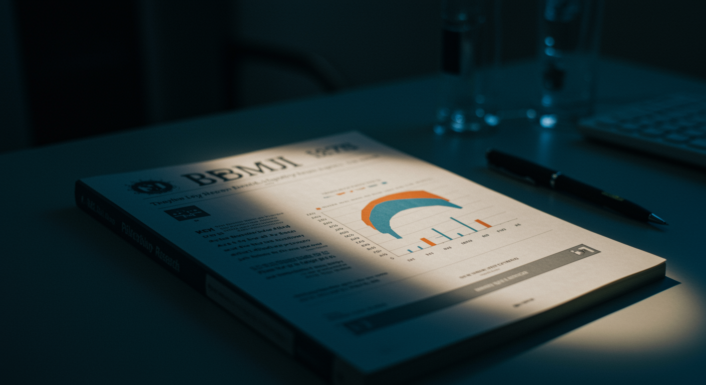 BMJ journal with psilocybin research data charts and meta-analysis graphs on medical desk with professional lighting