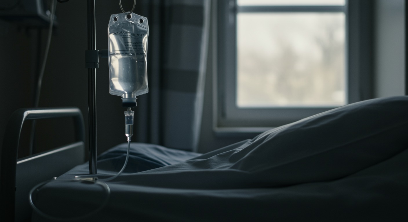 A hospital IV bag and line beside a patient's bed in soft natural light from a nearby window