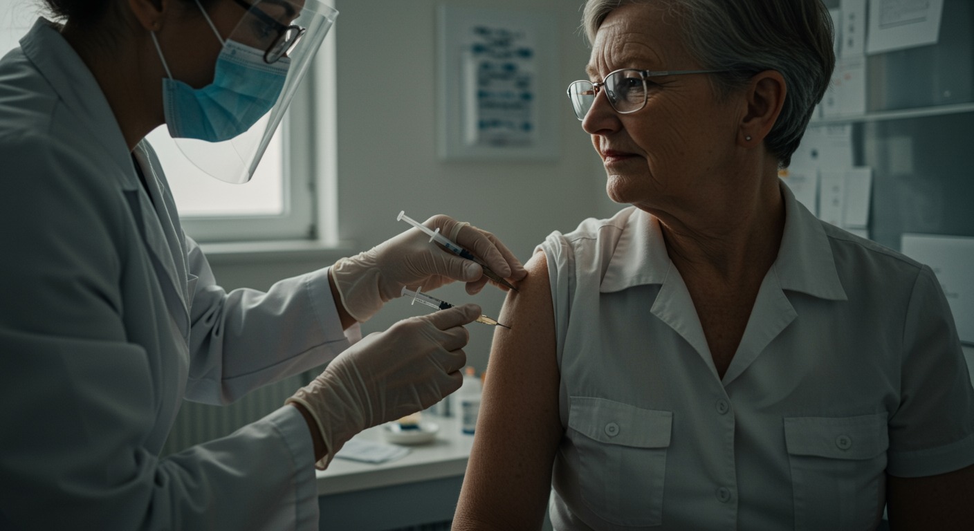 An older adult receiving a vaccine injection in the upper arm from a healthcare provider in a bright, modern clinic with soft natural light