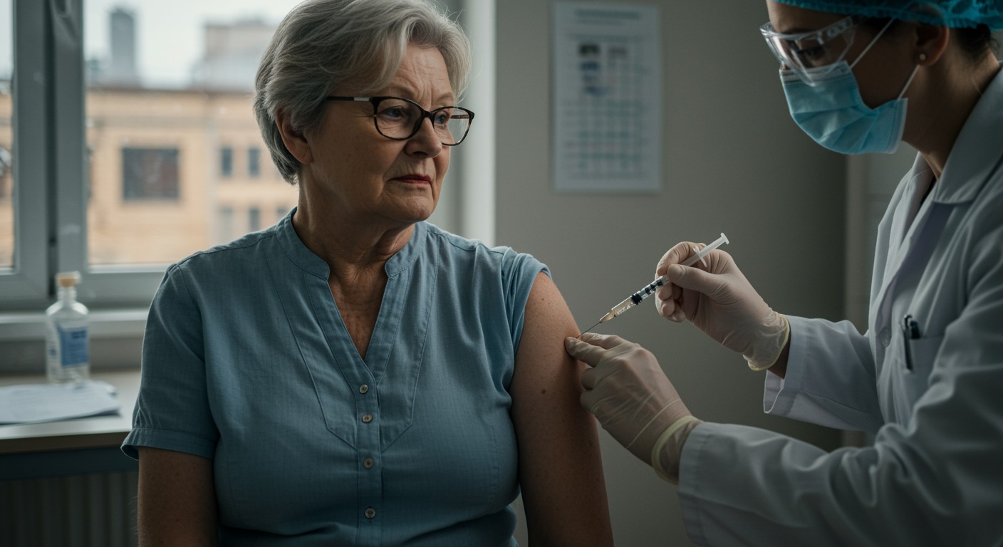 An older adult receiving a vaccine injection in the upper arm from a healthcare provider in a bright, modern clinic with soft natural light