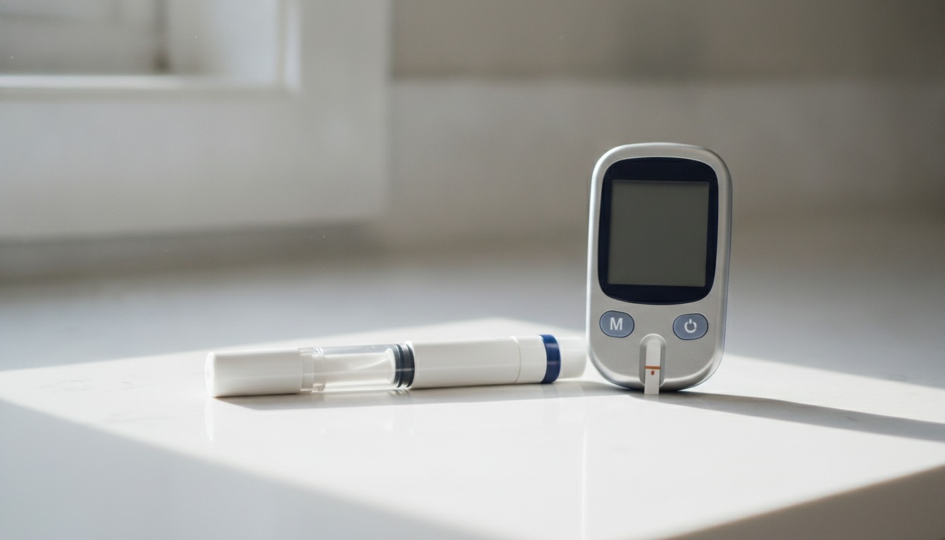 Close-up of a single-use injection pen resting on a clean white countertop next to a small glucose meter in soft morning window light