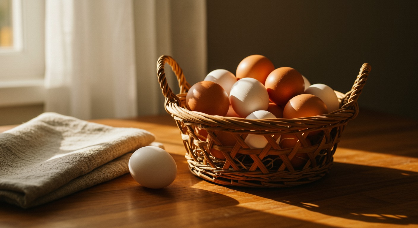 Rustic wicker basket filled with fresh brown and white farm eggs on a warm wooden kitchen table beside a soft linen cloth, lit by golden morning sunlight streaming through a window