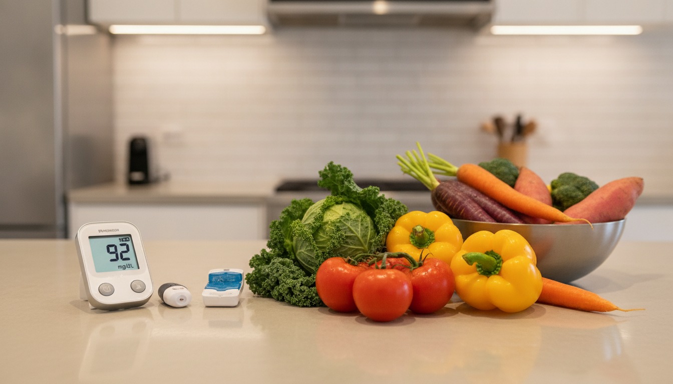 Blood glucose monitor next to fresh vegetables on a modern kitchen counter with bright overhead lighting