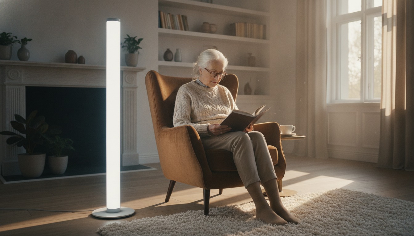 Older woman reading in an armchair beside a bright white light therapy lamp in a sunlit living room in the morning