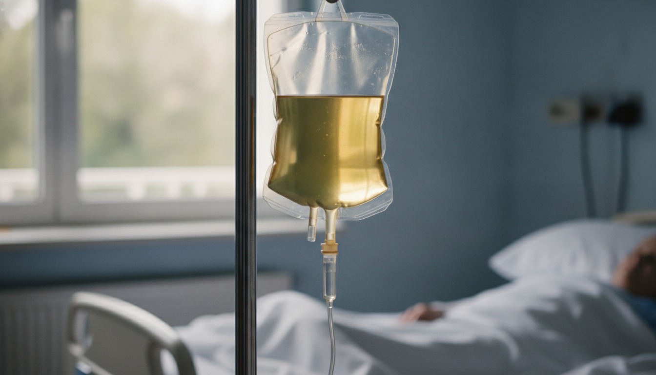 Close-up of a bag of donated plasma hanging from an IV pole beside a hospital bed in soft natural window light