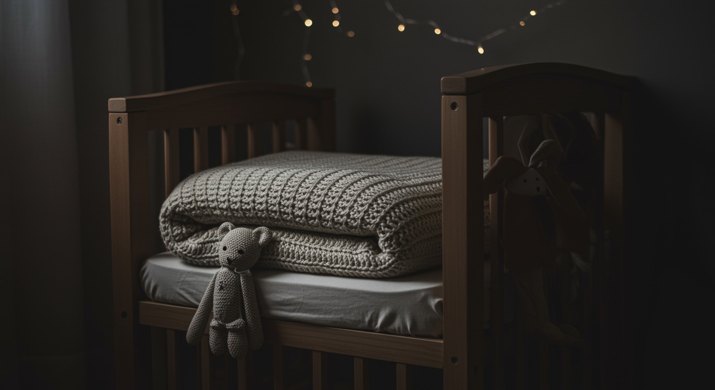 A softly lit nursery with a wooden crib, a folded knit blanket, and a small plush toy
