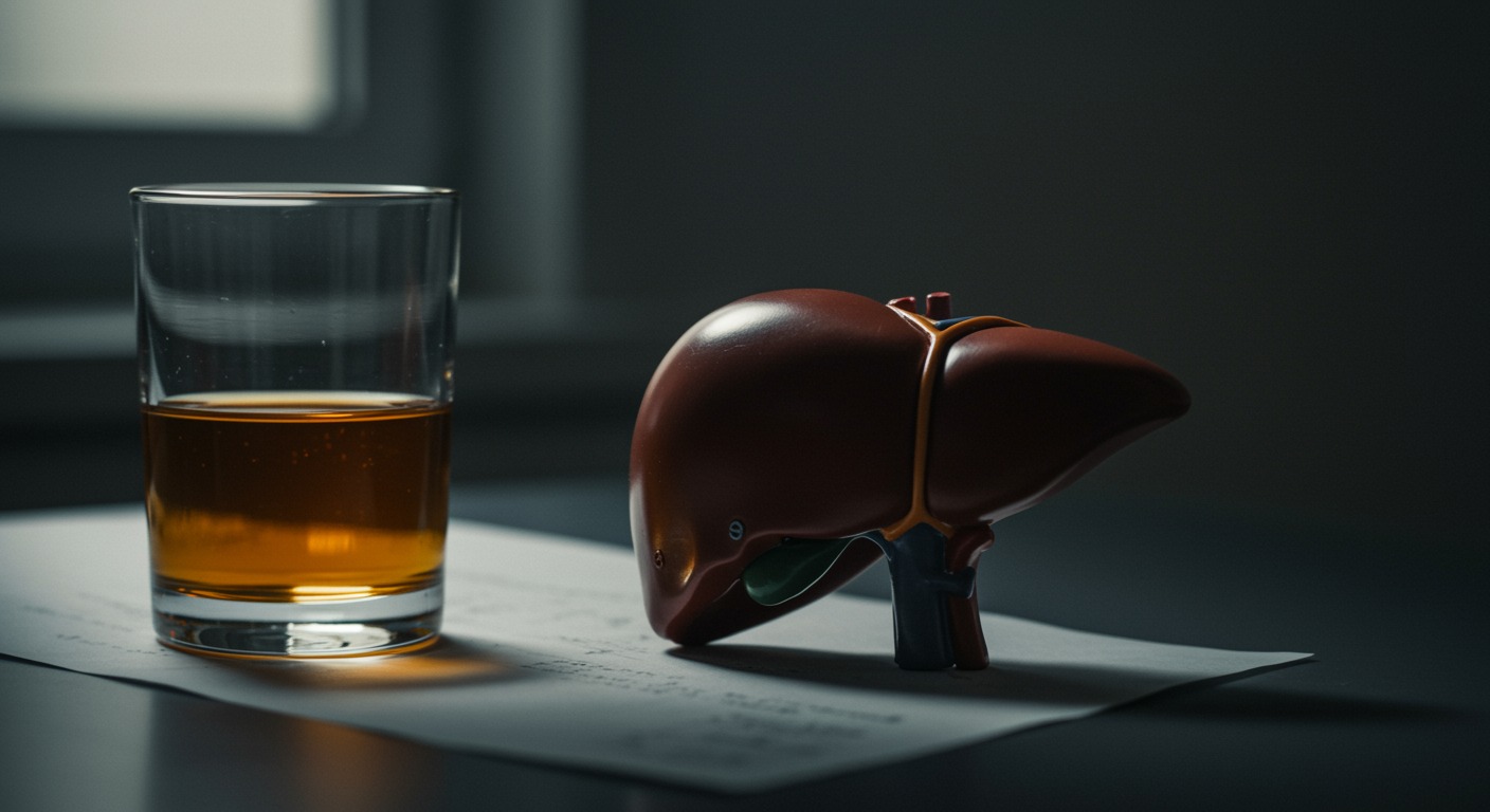A close-up of a human liver model on a clinical desk beside a glass of amber liquid in soft natural light