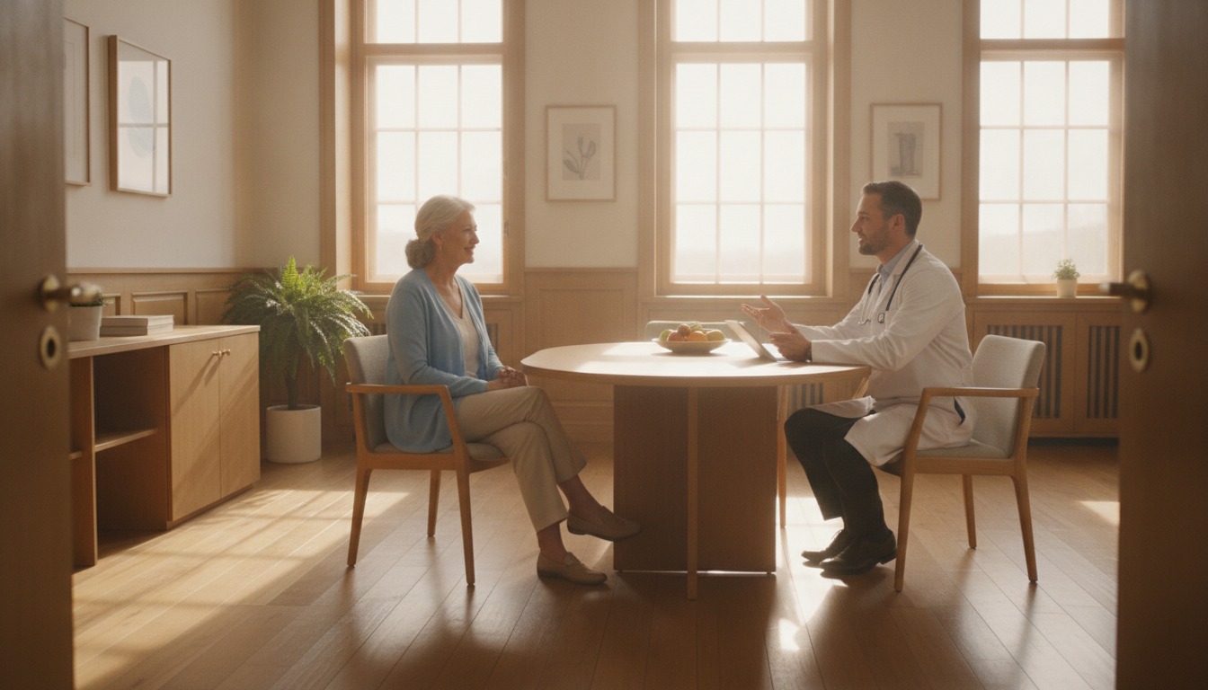 Older adult having a relaxed check-up conversation with a doctor in a bright sunlit office with warm wood tones