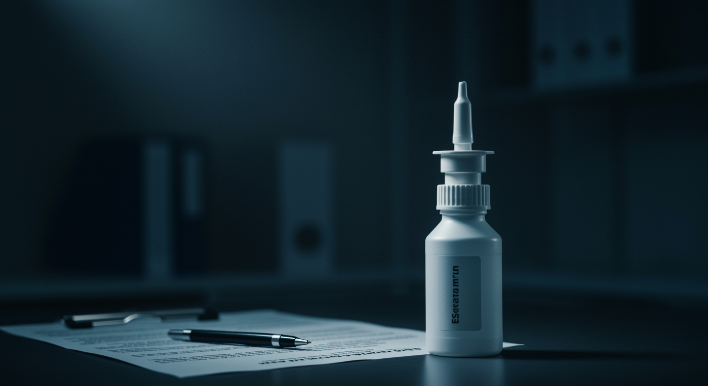 Esketamine nasal spray device with clinical trial documentation on medical desk with professional lighting