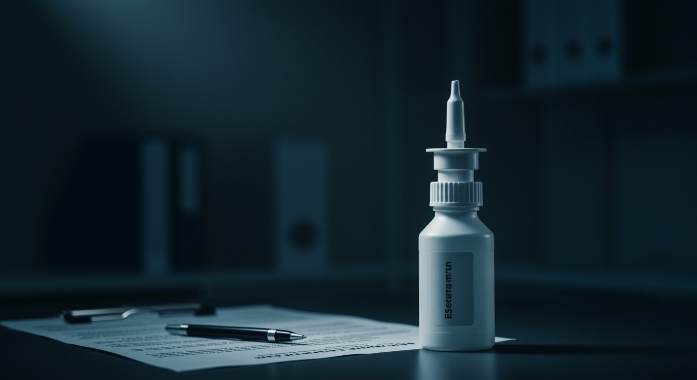 Esketamine nasal spray device with clinical trial documentation on medical desk with professional lighting