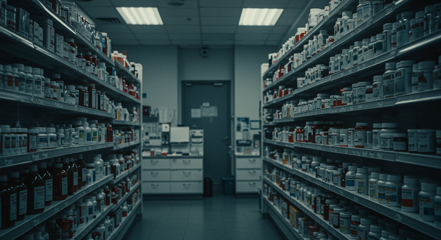 Modern pharmacy interior with prescription bottles on clean shelves, soft lighting, no text, healthcare setting