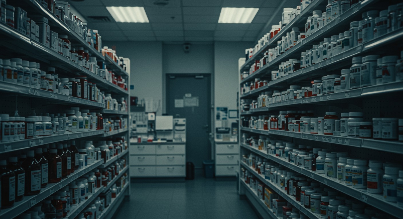 Modern pharmacy interior with prescription bottles on clean shelves, soft lighting, no text, healthcare setting